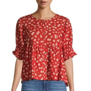 Madewell Hibiscus Floral Red Puff Sleeve Peplum Top